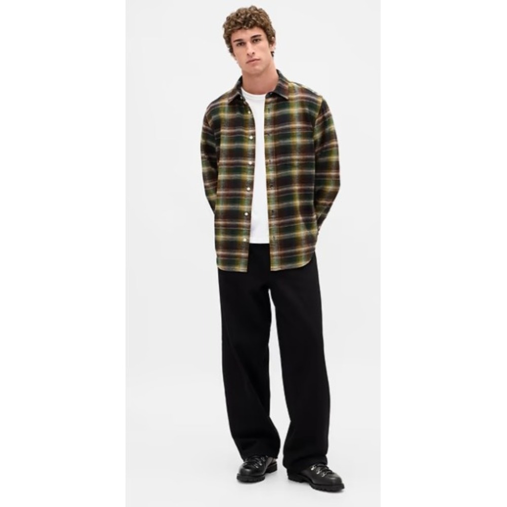 Gap Flannel‎ Shirt Mens L Black Shadow Plaid Organic Cotton Relaxed Fit